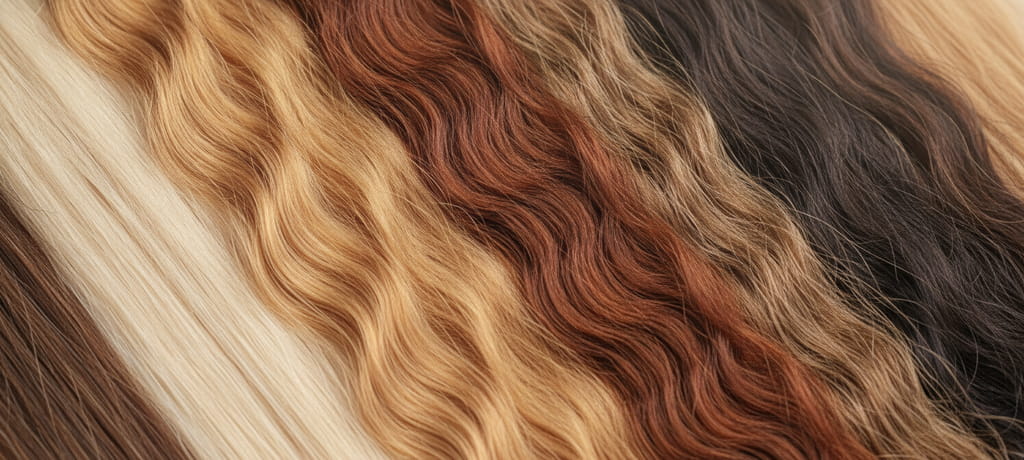 A detailed close-up of different hair textures and tones, showing light and dark hair strands side by side with natural shine and texture, soft studio lighting, emphasizing hair type diversity, no text or products visible
