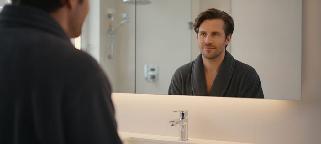 A confident man looking in the mirror with well-groomed, healthy-looking hair, soft warm lighting, calm and satisfied expression, bathroom setting with clean minimalist background, no text or branding visible