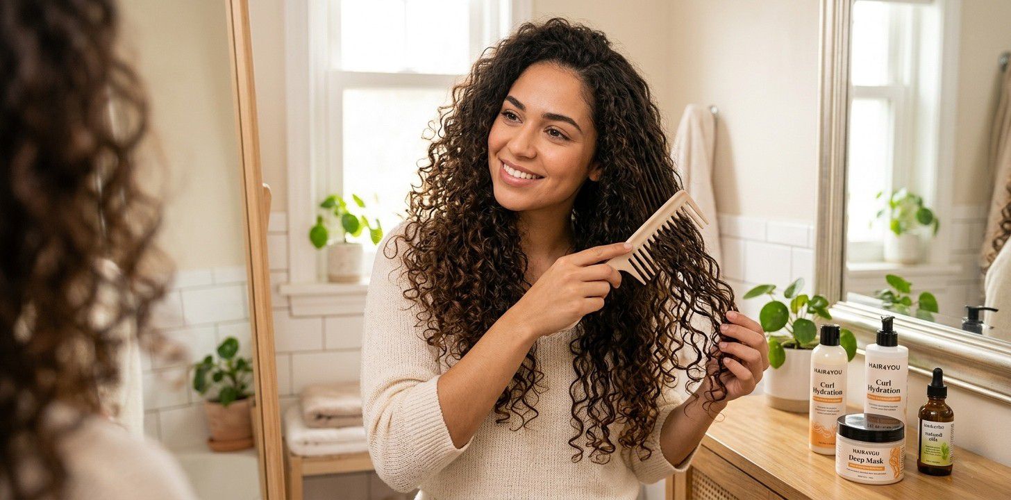 אישה מסתרקת עם שיער מתולתל מוצרי HAIR4YOU