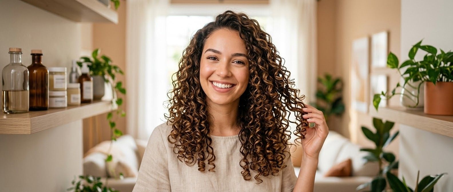 בחורה מרוצה מעיצוב תלתלים נכון בבית